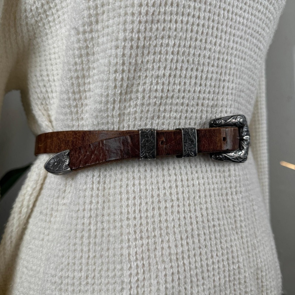Vintage 90s Western Floral Brown Leather Banana Republic Belt Womens Small